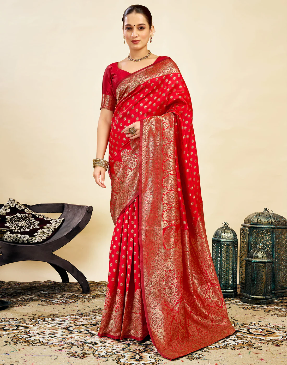 Red Banarasi Silk Saree for Women | Traditional Wedding Wear Saree with Golden Zari Work