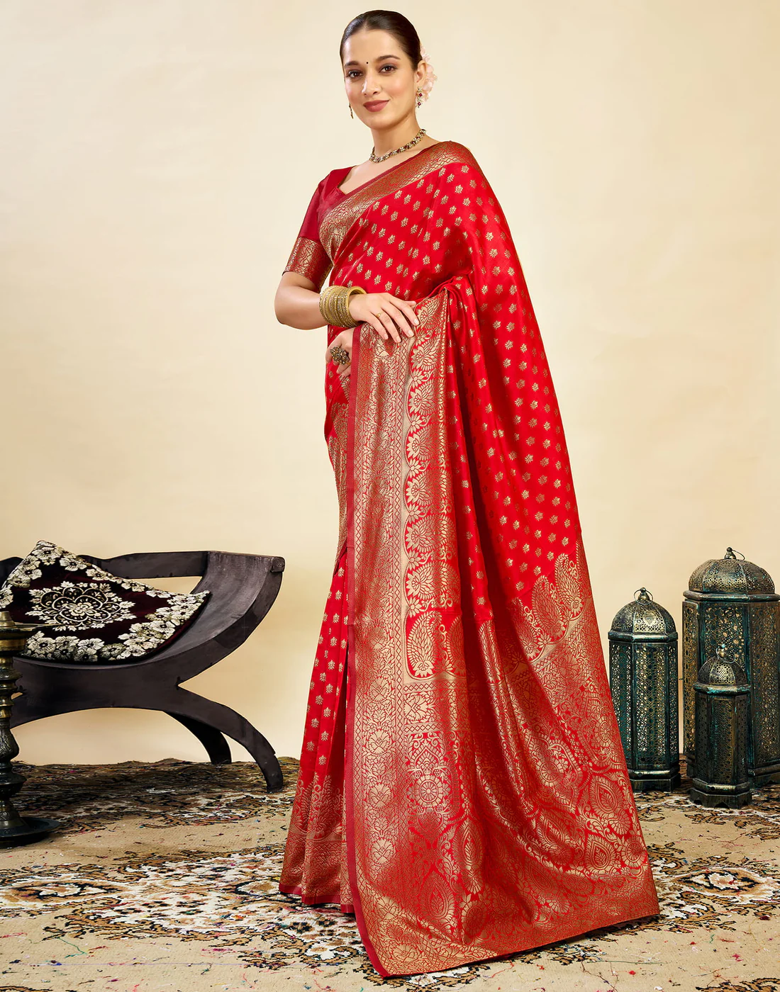 Red Banarasi Silk Saree for Women | Traditional Wedding Wear Saree with Golden Zari Work