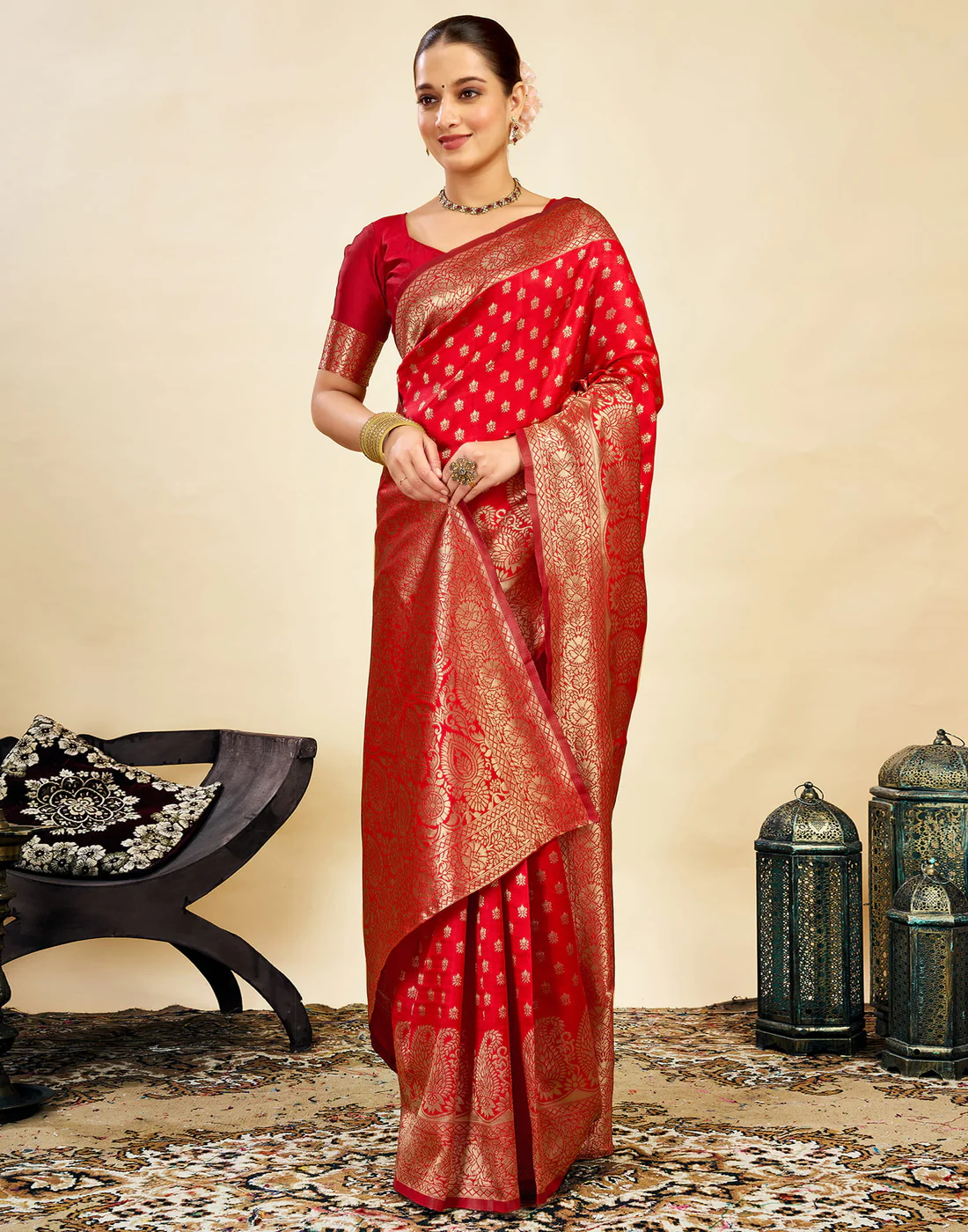 Red Banarasi Silk Saree for Women | Traditional Wedding Wear Saree with Golden Zari Work
