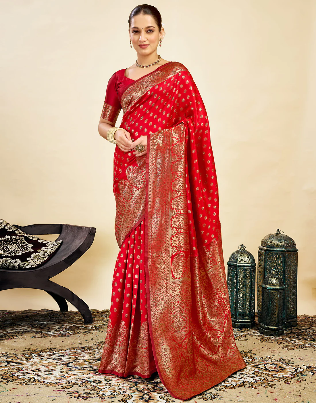 Red Banarasi Silk Saree for Women | Traditional Wedding Wear Saree with Golden Zari Work