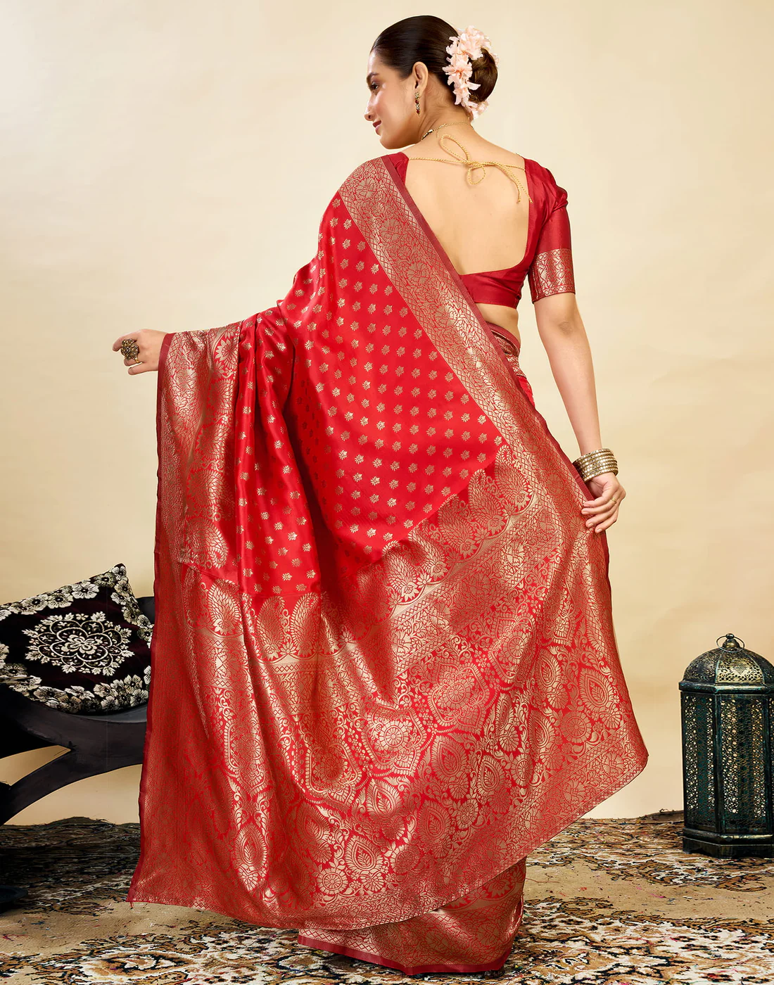Red Banarasi Silk Saree for Women | Traditional Wedding Wear Saree with Golden Zari Work