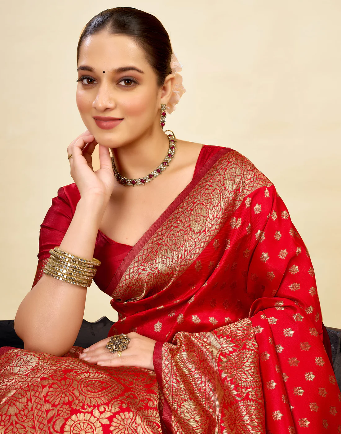 Red Banarasi Silk Saree for Women | Traditional Wedding Wear Saree with Golden Zari Work