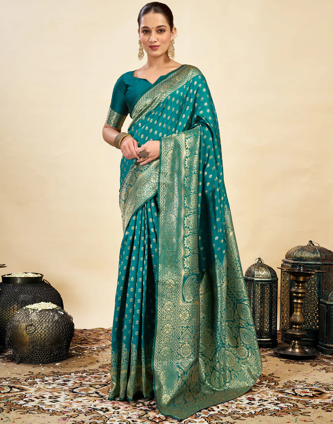 Rama Green Silk Saree with Gold Zari Border | Premium Traditional Wedding & Festive Wear Saree for Women