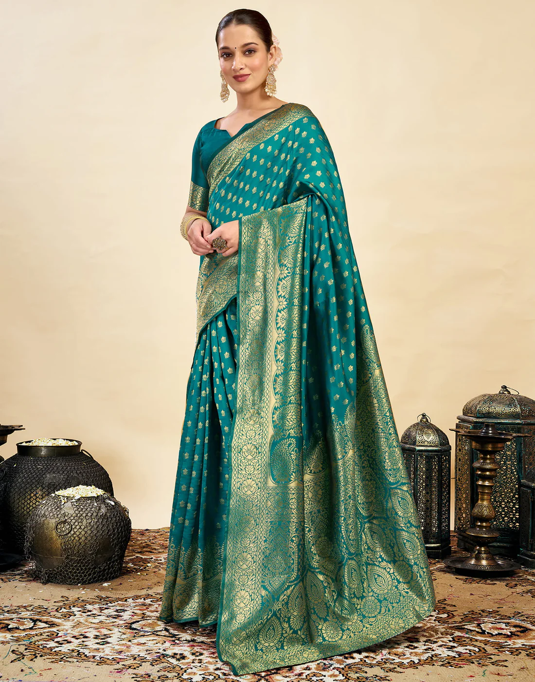 Rama Green Silk Saree with Gold Zari Border | Premium Traditional Wedding & Festive Wear Saree for Women