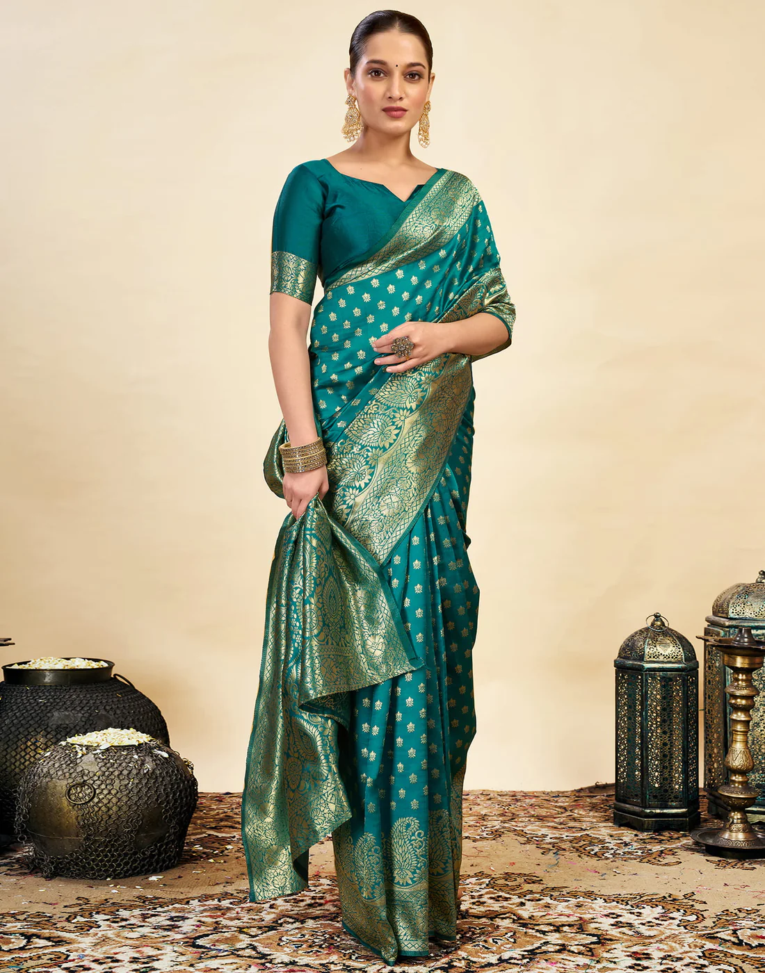 Rama Green Silk Saree with Gold Zari Border | Premium Traditional Wedding & Festive Wear Saree for Women