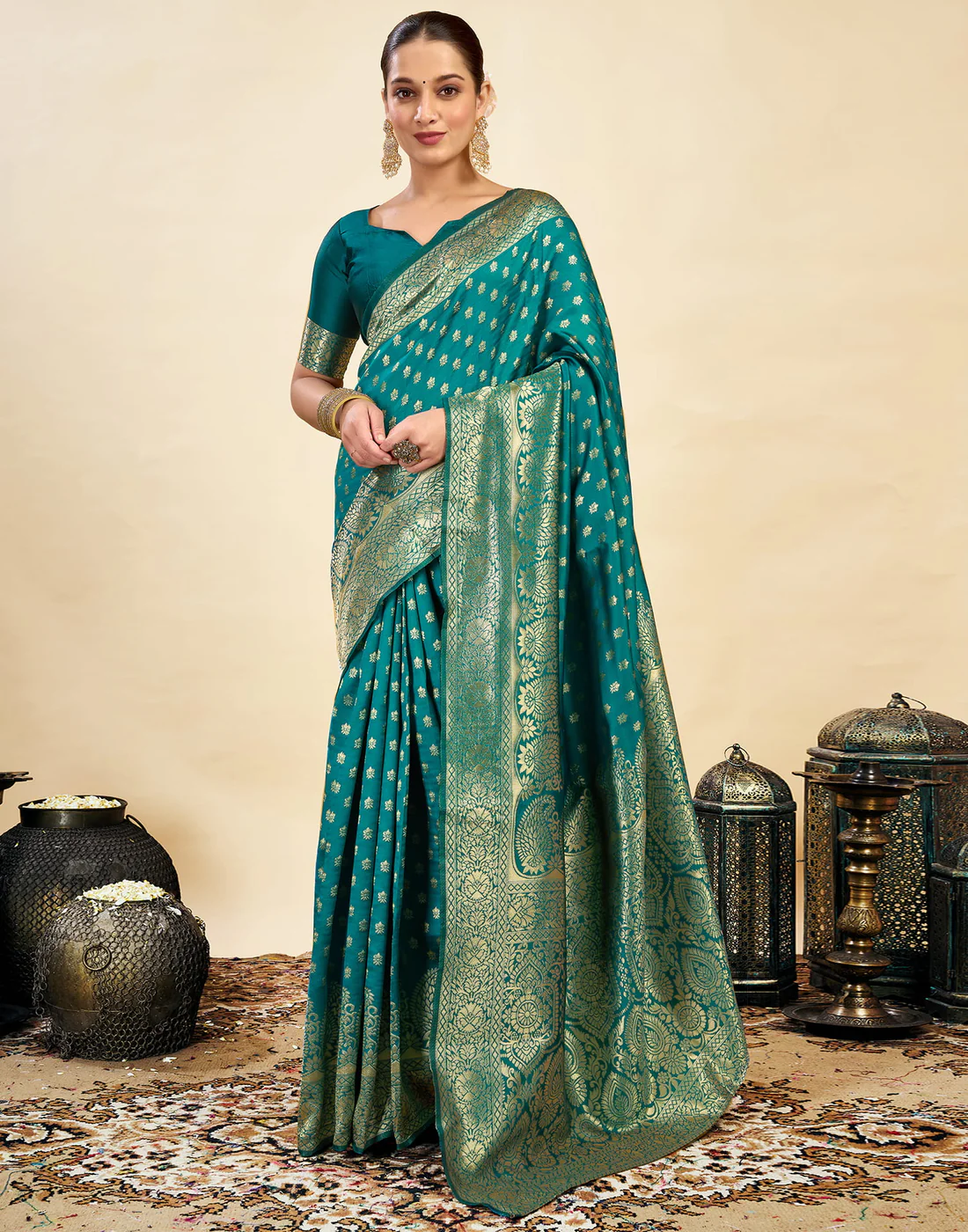 Rama Green Silk Saree with Gold Zari Border | Premium Traditional Wedding & Festive Wear Saree for Women