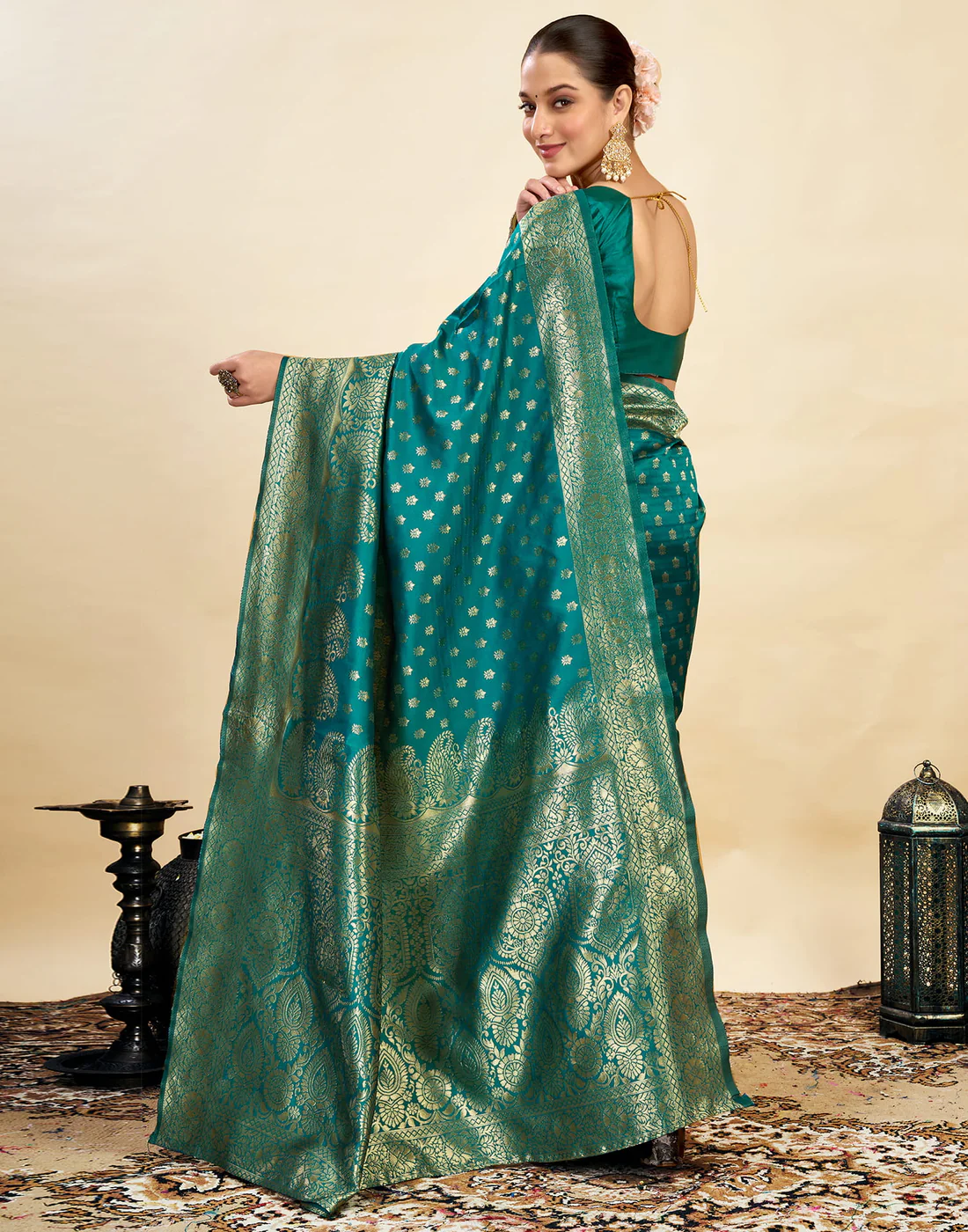 Rama Green Silk Saree with Gold Zari Border | Premium Traditional Wedding & Festive Wear Saree for Women