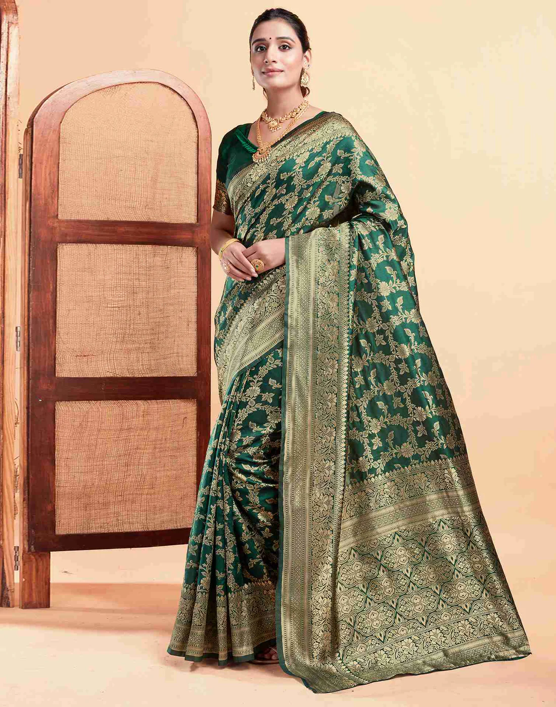 Bottle Green Jacquard Saree for Women with Golden Zari Floral Weaving | Premium Wedding, Festive & Traditional Wear Saree with Unstitched Blouse Piece