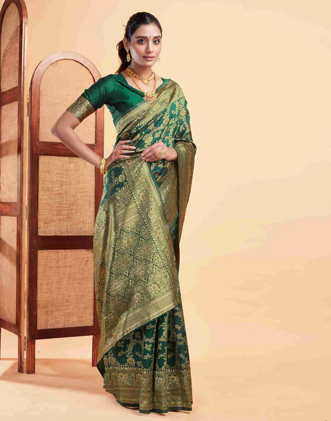 Bottle Green Jacquard Saree for Women with Golden Zari Floral Weaving | Premium Wedding, Festive & Traditional Wear Saree with Unstitched Blouse Piece