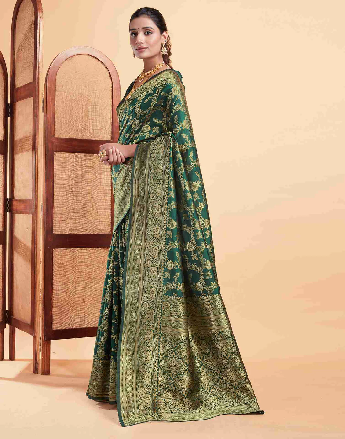 Bottle Green Jacquard Saree for Women with Golden Zari Floral Weaving | Premium Wedding, Festive & Traditional Wear Saree with Unstitched Blouse Piece