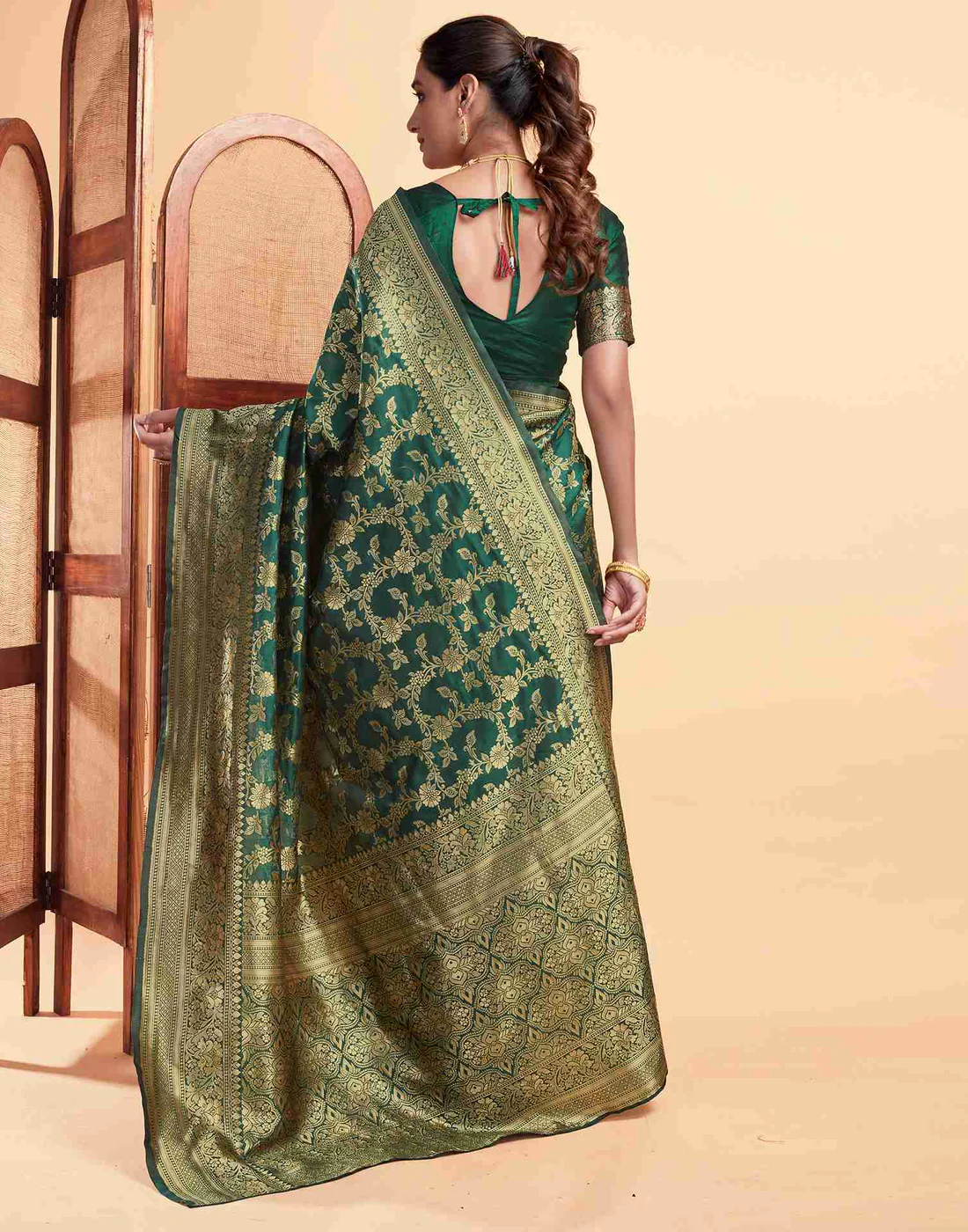 Bottle Green Jacquard Saree for Women with Golden Zari Floral Weaving | Premium Wedding, Festive & Traditional Wear Saree with Unstitched Blouse Piece