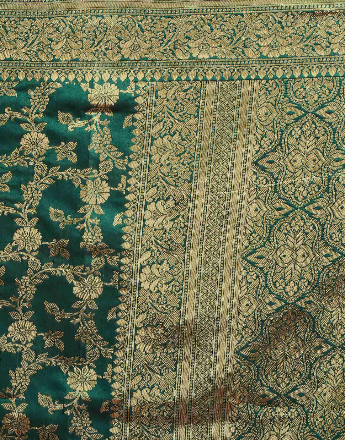Bottle Green Jacquard Saree for Women with Golden Zari Floral Weaving | Premium Wedding, Festive & Traditional Wear Saree with Unstitched Blouse Piece