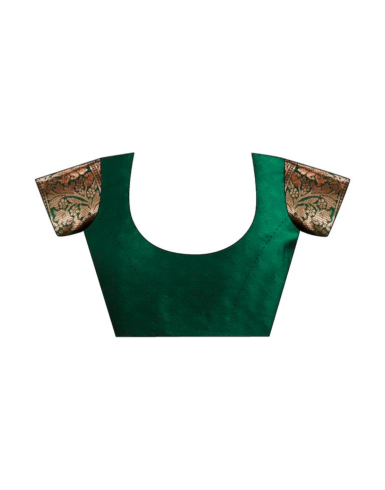 Bottle Green Jacquard Saree for Women with Golden Zari Floral Weaving | Premium Wedding, Festive & Traditional Wear Saree with Unstitched Blouse Piece