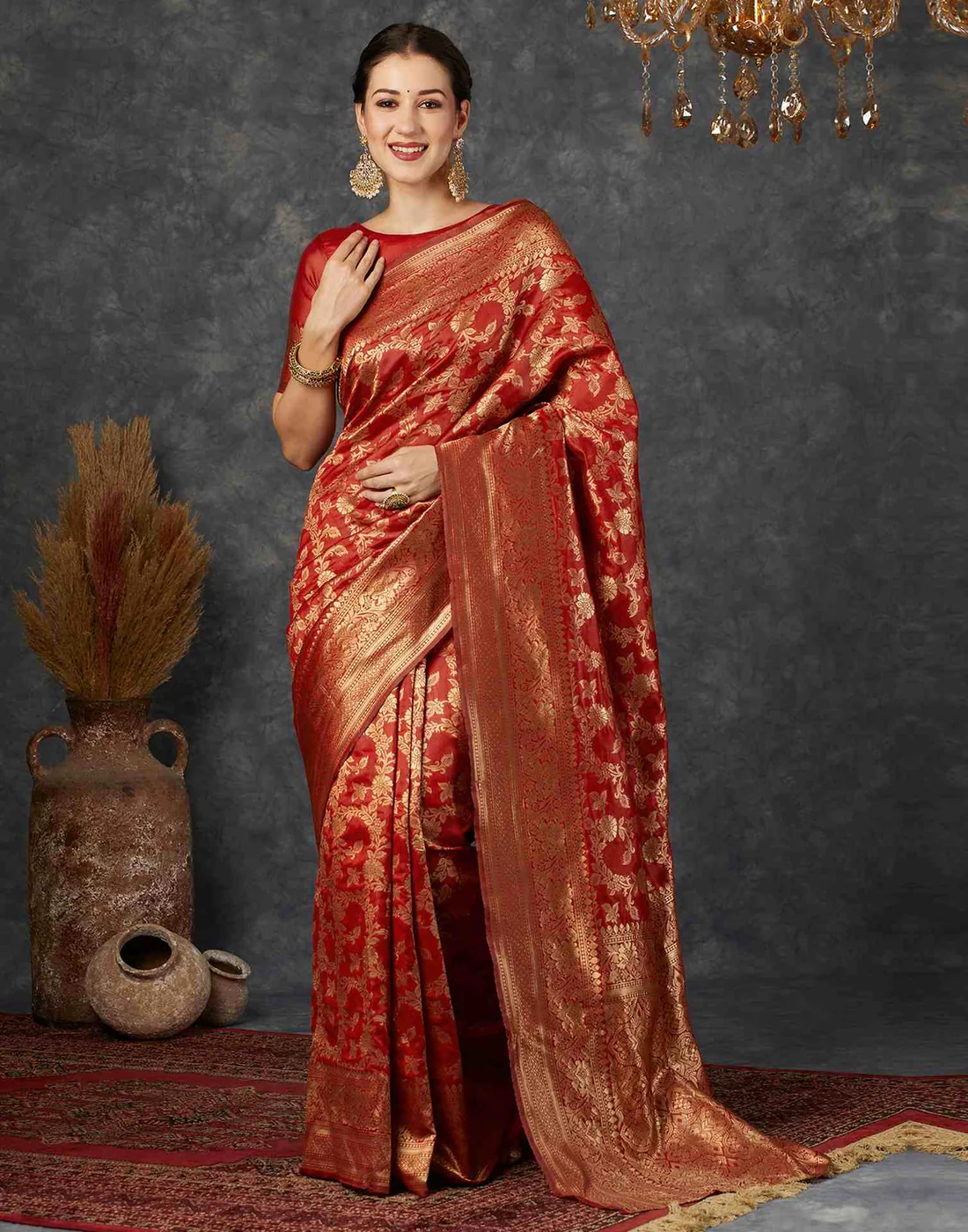 Red Jacquard Saree for Women with Golden Zari Floral Weaving | Premium Wedding, Bridal & Festive Wear Saree with Unstitched Blouse Piece