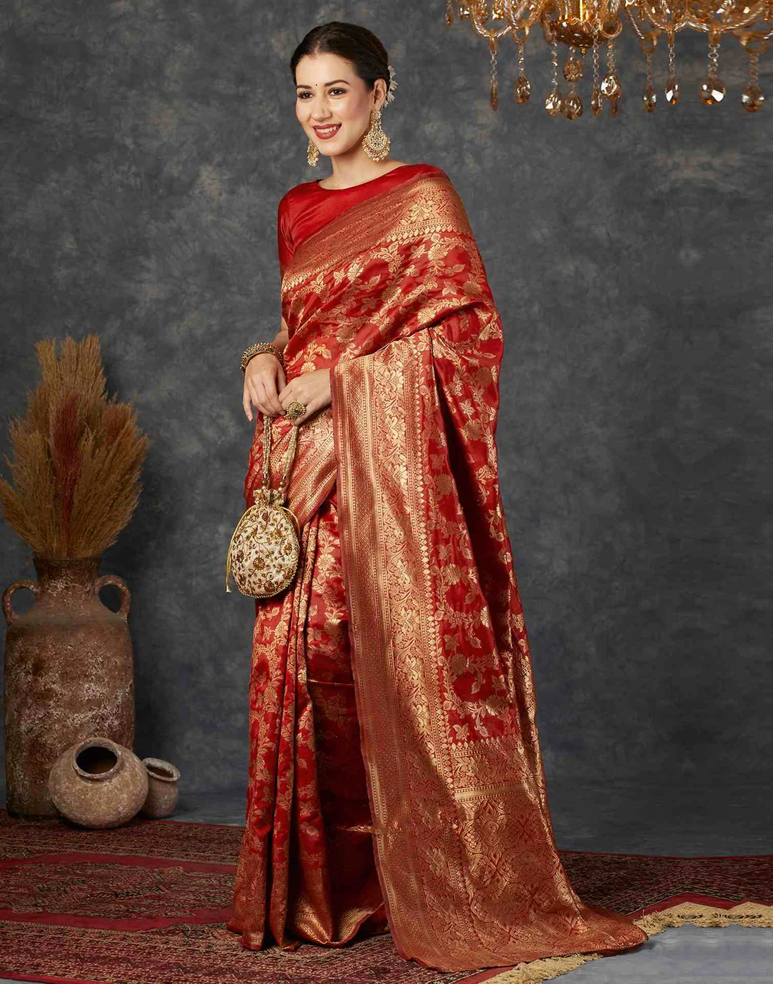 Red Jacquard Saree for Women with Golden Zari Floral Weaving | Premium Wedding, Bridal & Festive Wear Saree with Unstitched Blouse Piece