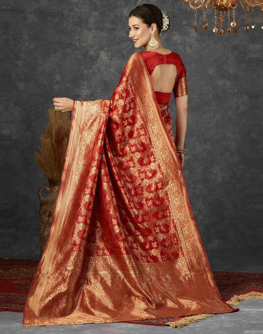 Red Jacquard Saree for Women with Golden Zari Floral Weaving | Premium Wedding, Bridal & Festive Wear Saree with Unstitched Blouse Piece