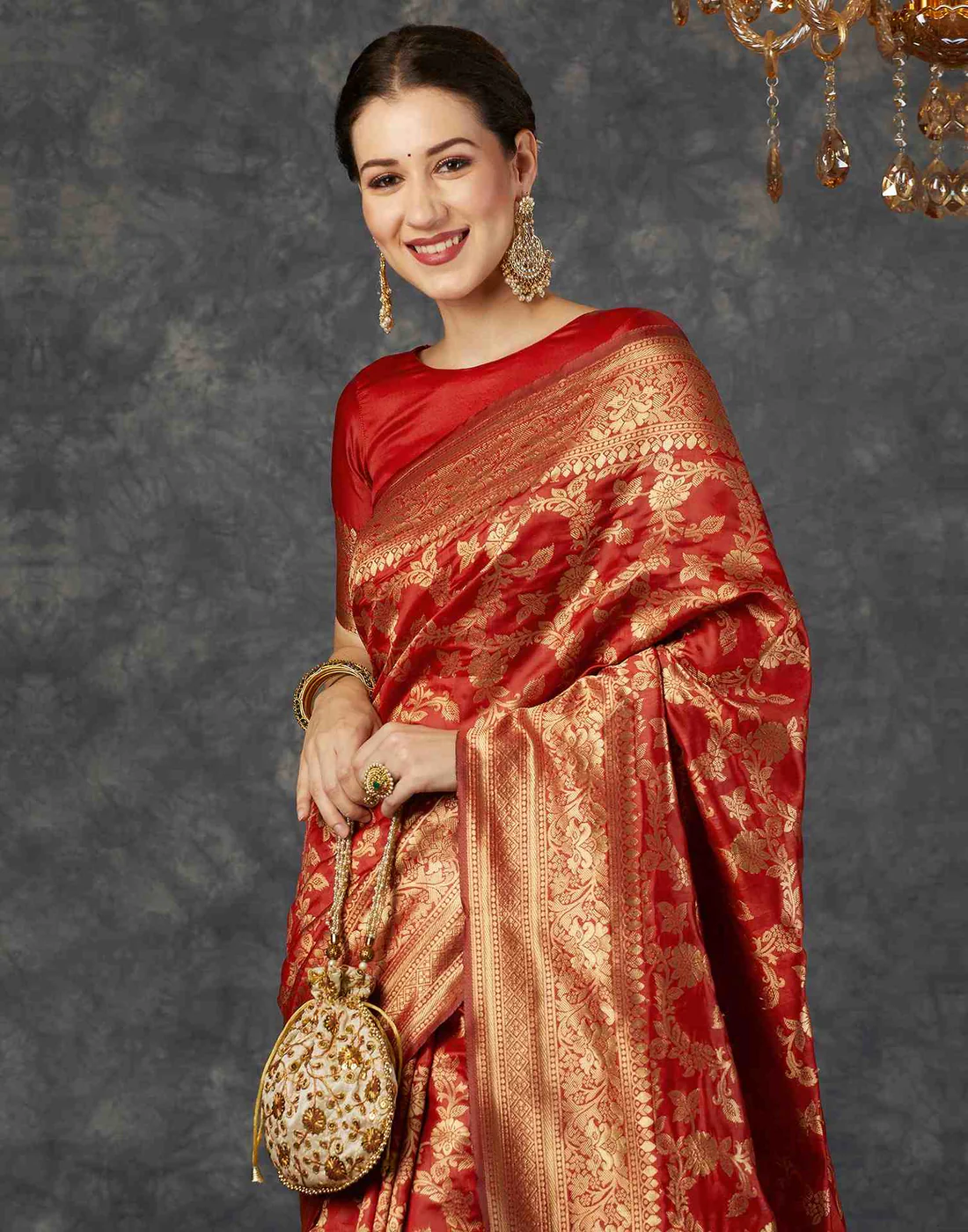 Red Jacquard Saree for Women with Golden Zari Floral Weaving | Premium Wedding, Bridal & Festive Wear Saree with Unstitched Blouse Piece