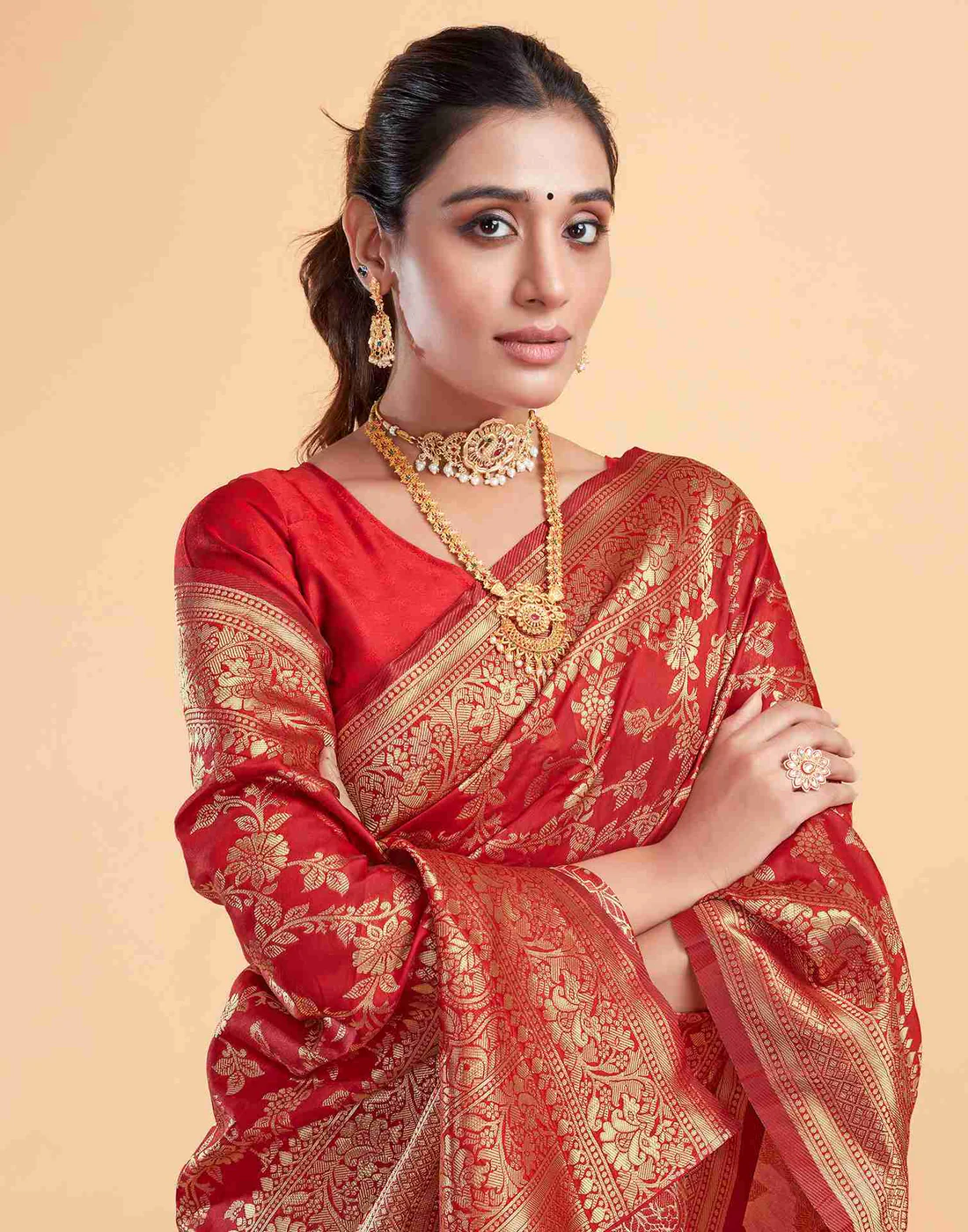 Red Jacquard Saree for Women with Golden Zari Floral Weaving | Premium Wedding, Bridal & Festive Wear Saree with Unstitched Blouse Piece