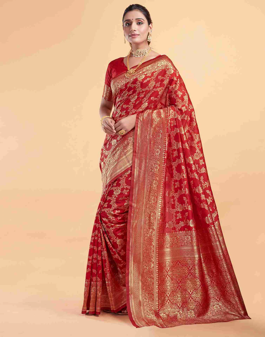 Red Jacquard Saree for Women with Golden Zari Floral Weaving | Premium Wedding, Bridal & Festive Wear Saree with Unstitched Blouse Piece