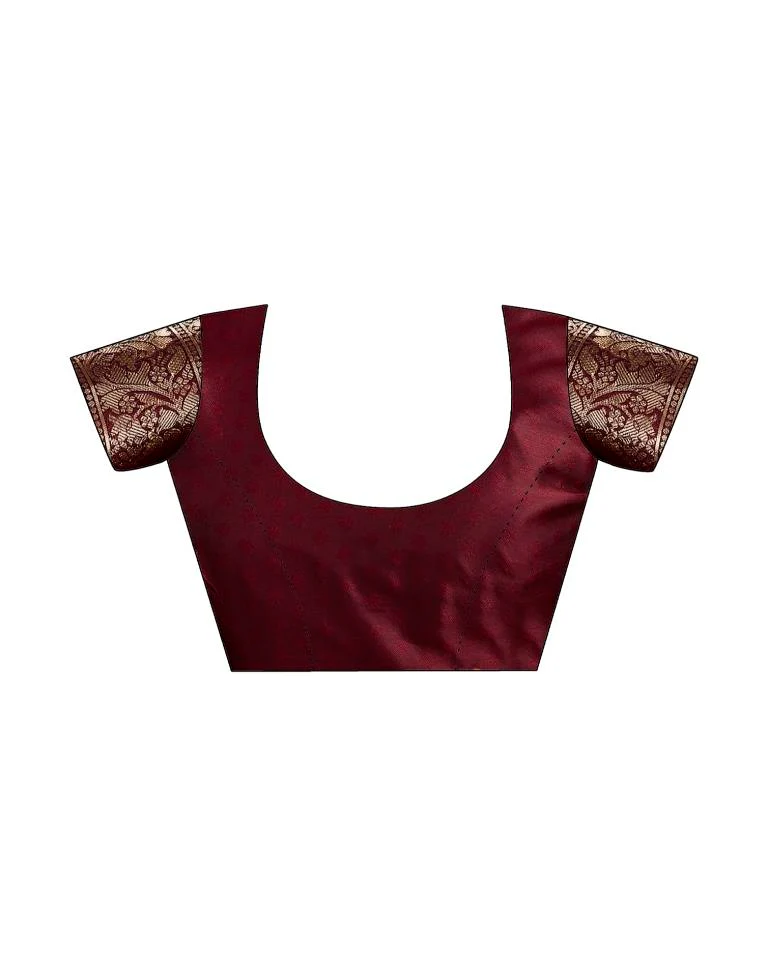 Maroon Jacquard Saree for Women with Golden Zari Floral Weaving | Premium Wedding, Festive & Traditional Wear Saree with Unstitched Blouse Piece