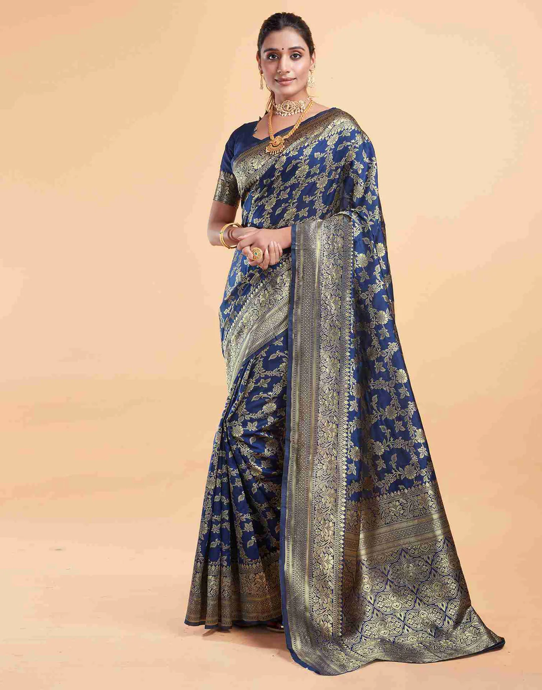 Navy Blue Jacquard Saree for Women with Golden Zari Floral Weaving | Premium Wedding, Festive & Traditional Wear Saree with Unstitched Blouse Piece