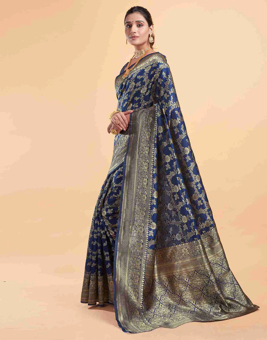 Navy Blue Jacquard Saree for Women with Golden Zari Floral Weaving | Premium Wedding, Festive & Traditional Wear Saree with Unstitched Blouse Piece