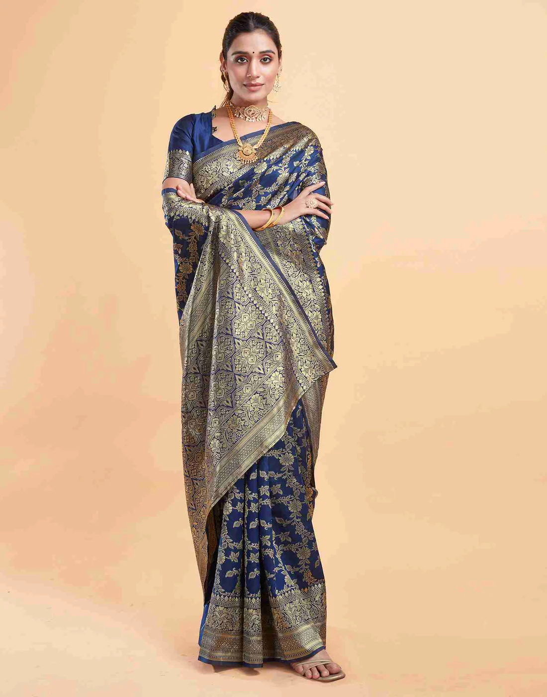 Navy Blue Jacquard Saree for Women with Golden Zari Floral Weaving | Premium Wedding, Festive & Traditional Wear Saree with Unstitched Blouse Piece