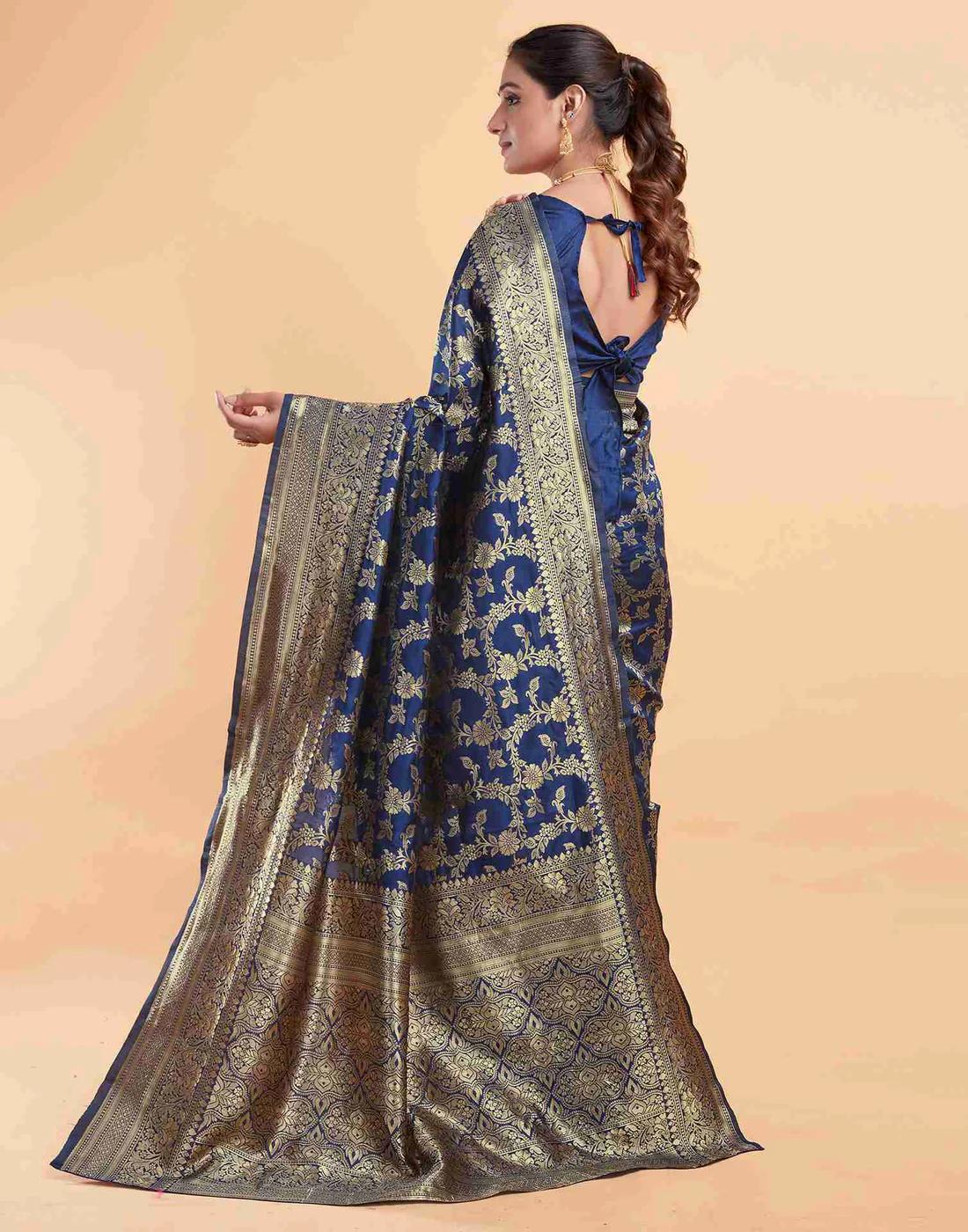 Navy Blue Jacquard Saree for Women with Golden Zari Floral Weaving | Premium Wedding, Festive & Traditional Wear Saree with Unstitched Blouse Piece