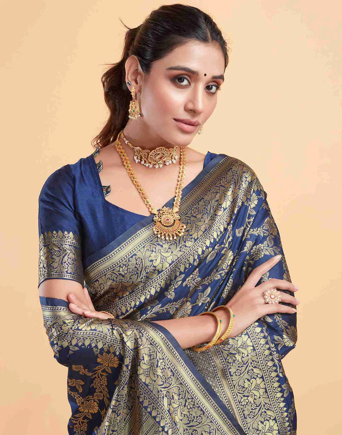 Navy Blue Jacquard Saree for Women with Golden Zari Floral Weaving | Premium Wedding, Festive & Traditional Wear Saree with Unstitched Blouse Piece