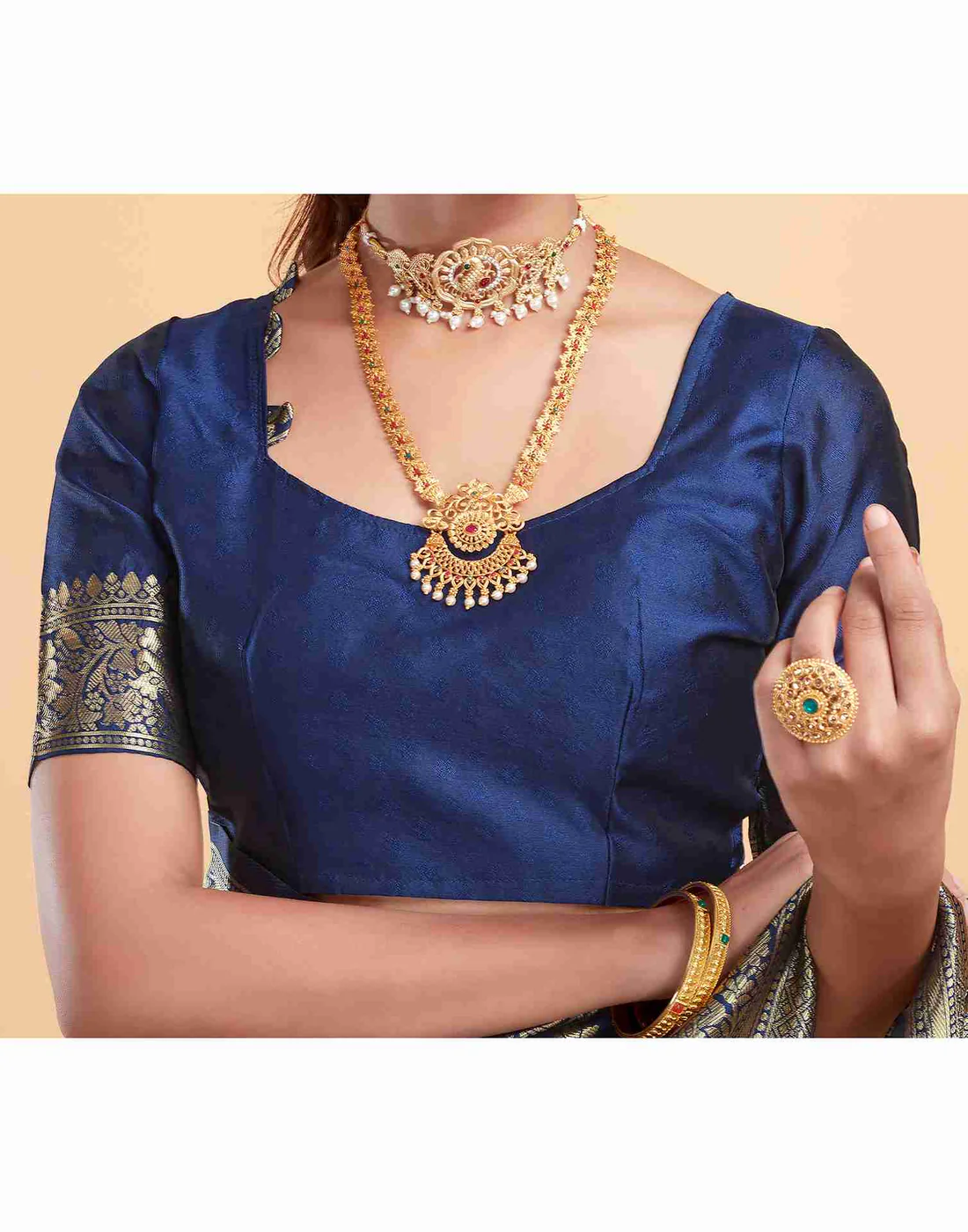 Navy Blue Jacquard Saree for Women with Golden Zari Floral Weaving | Premium Wedding, Festive & Traditional Wear Saree with Unstitched Blouse Piece