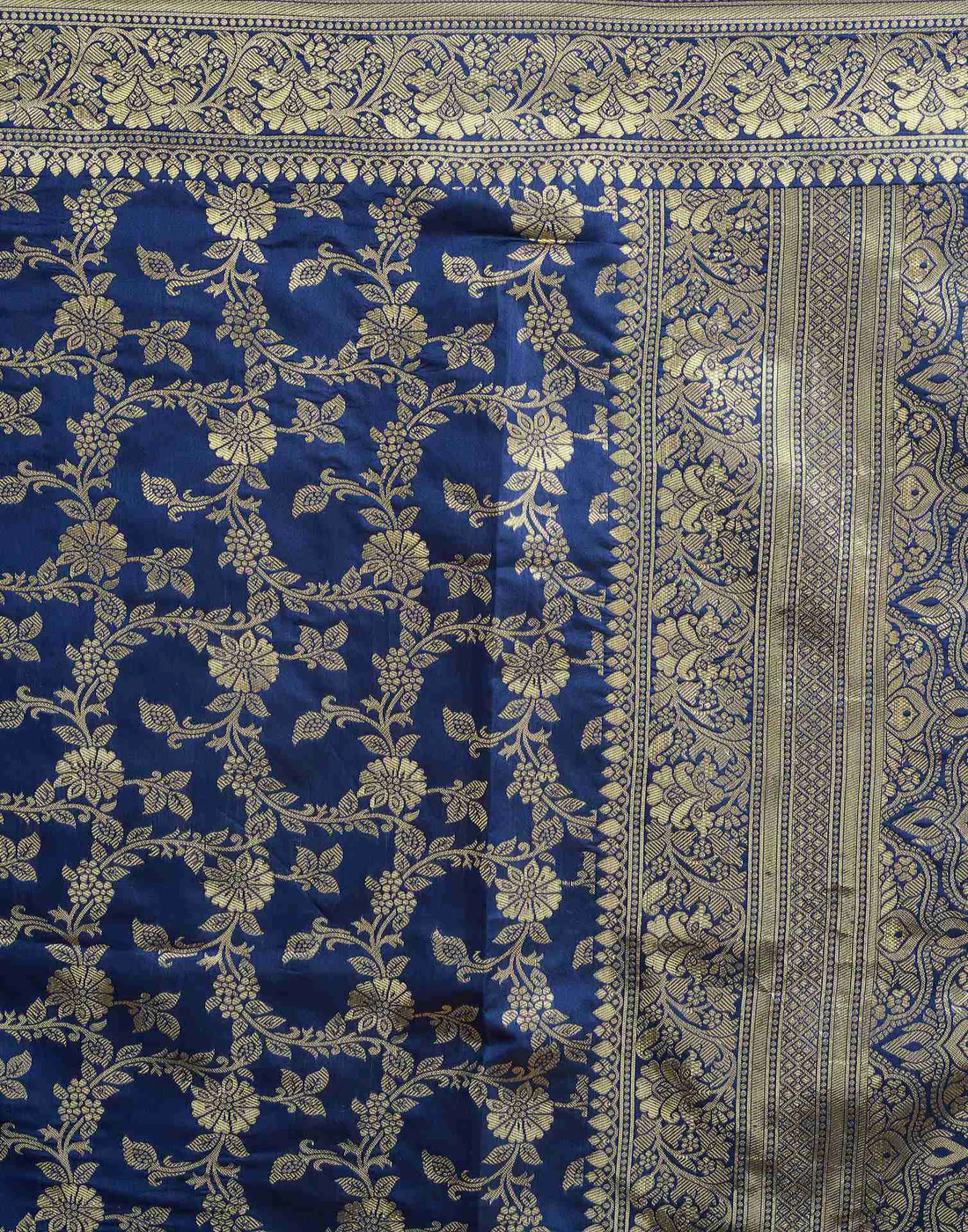 Navy Blue Jacquard Saree for Women with Golden Zari Floral Weaving | Premium Wedding, Festive & Traditional Wear Saree with Unstitched Blouse Piece
