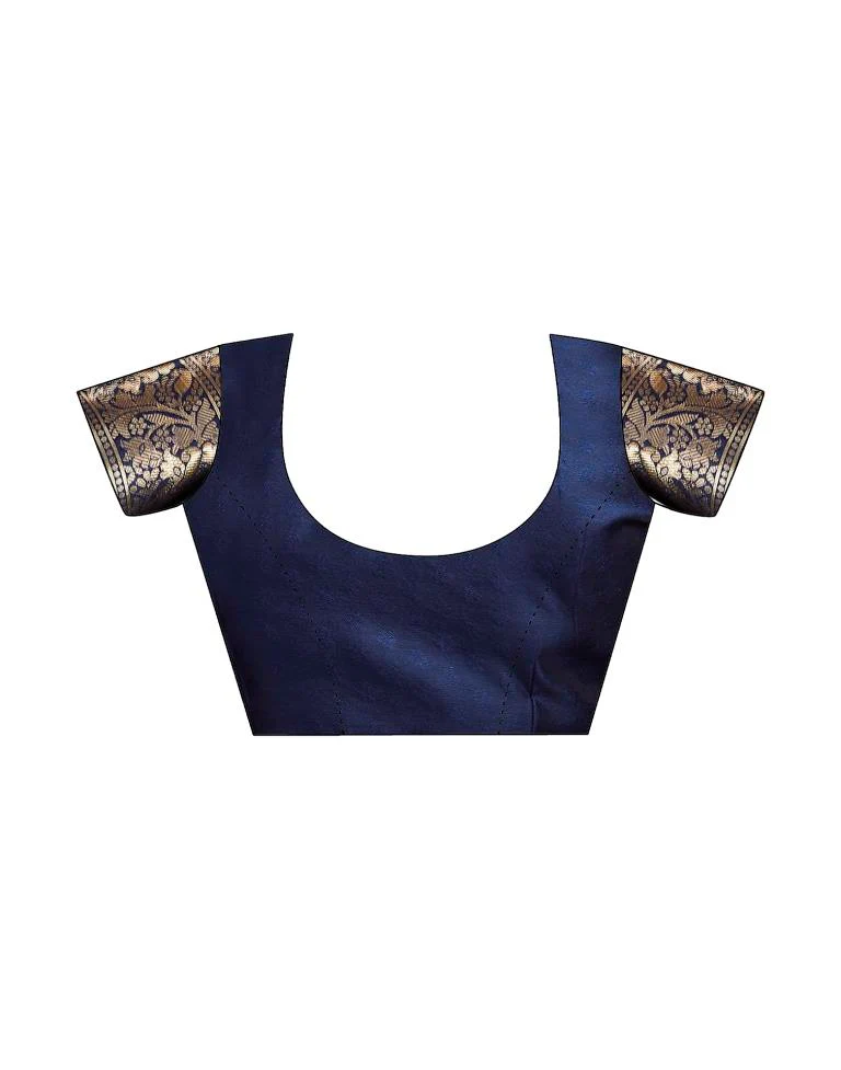 Navy Blue Jacquard Saree for Women with Golden Zari Floral Weaving | Premium Wedding, Festive & Traditional Wear Saree with Unstitched Blouse Piece