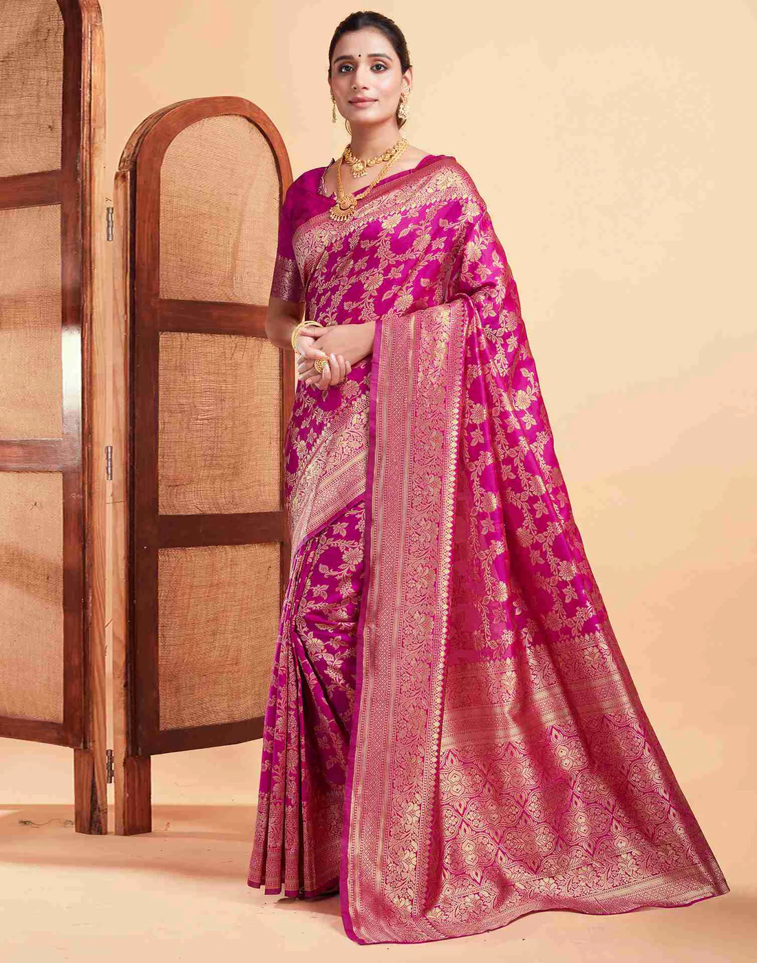 Rani Pink Jacquard Saree for Women with Golden Zari Floral Weaving | Premium Wedding, Festive & Traditional Wear Saree with Unstitched Blouse Piece