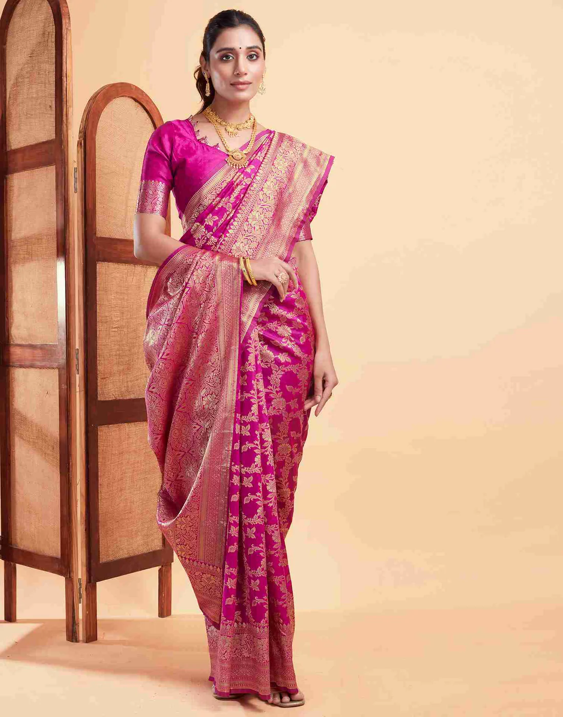 Rani Pink Jacquard Saree for Women with Golden Zari Floral Weaving | Premium Wedding, Festive & Traditional Wear Saree with Unstitched Blouse Piece
