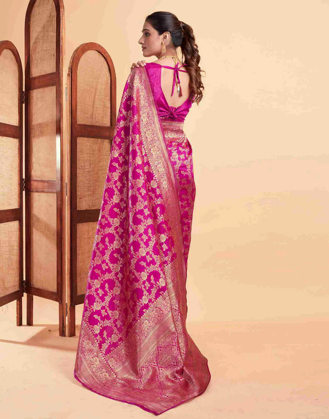 Rani Pink Jacquard Saree for Women with Golden Zari Floral Weaving | Premium Wedding, Festive & Traditional Wear Saree with Unstitched Blouse Piece