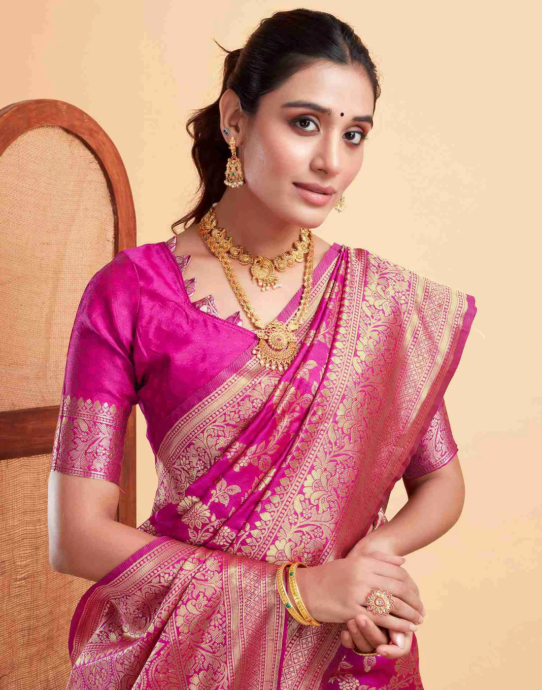 Rani Pink Jacquard Saree for Women with Golden Zari Floral Weaving | Premium Wedding, Festive & Traditional Wear Saree with Unstitched Blouse Piece