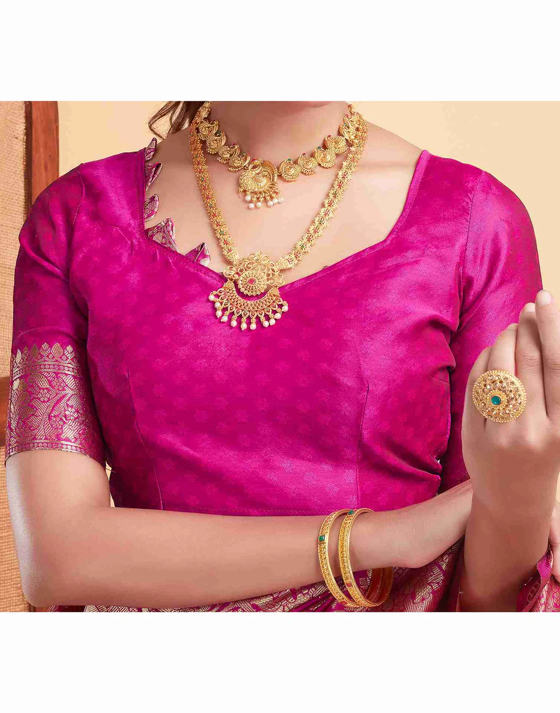 Rani Pink Jacquard Saree for Women with Golden Zari Floral Weaving | Premium Wedding, Festive & Traditional Wear Saree with Unstitched Blouse Piece