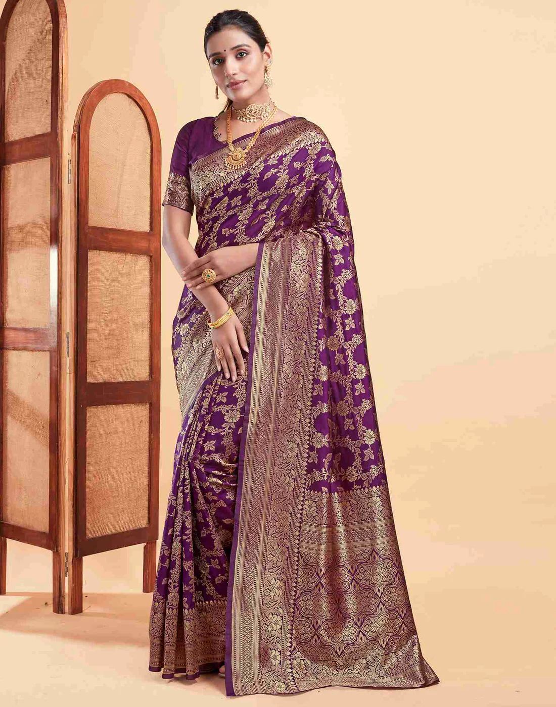 Wine Jacquard Saree for Women with Golden Zari Floral Weaving | Premium Wedding, Festive & Traditional Wear Saree with Unstitched Blouse Piece