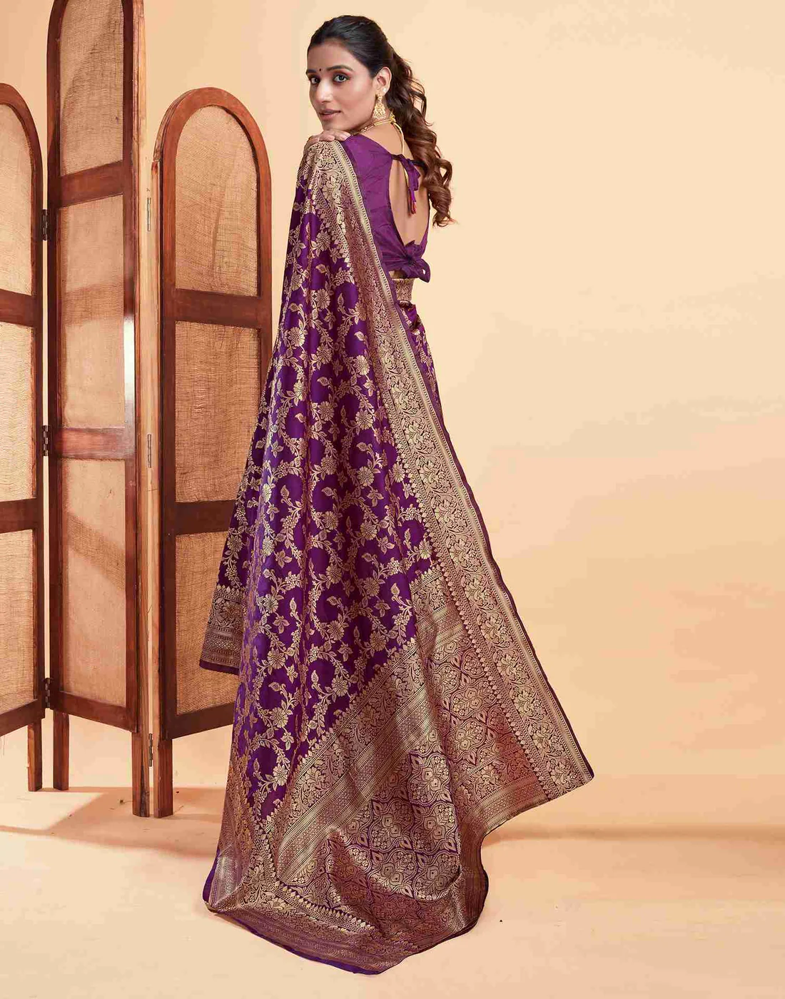 Wine Jacquard Saree for Women with Golden Zari Floral Weaving | Premium Wedding, Festive & Traditional Wear Saree with Unstitched Blouse Piece