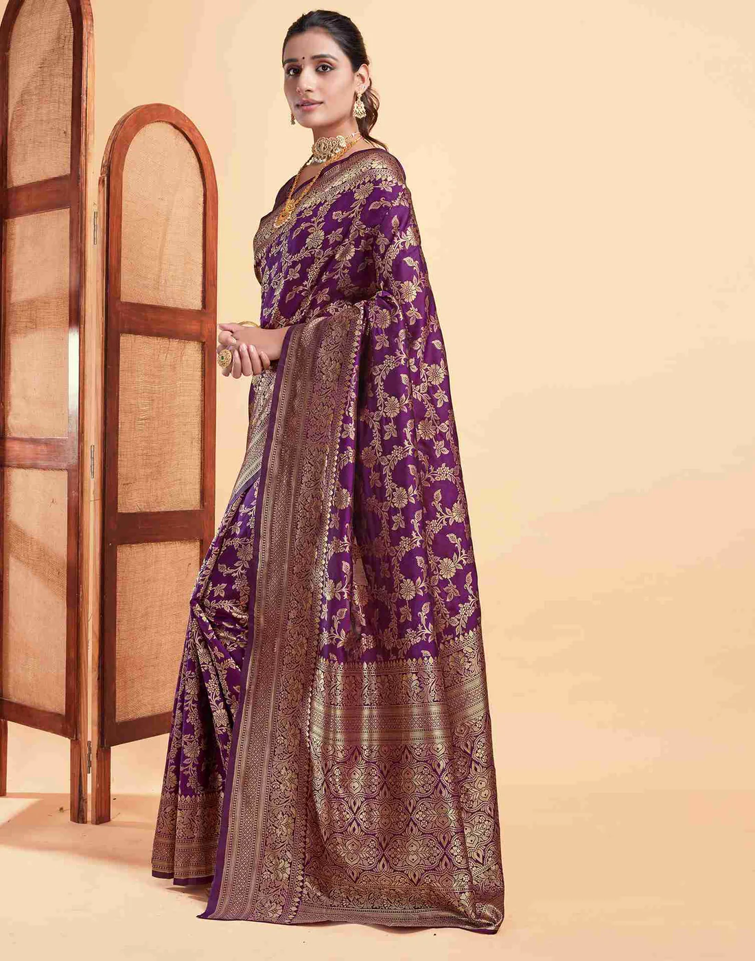 Wine Jacquard Saree for Women with Golden Zari Floral Weaving | Premium Wedding, Festive & Traditional Wear Saree with Unstitched Blouse Piece