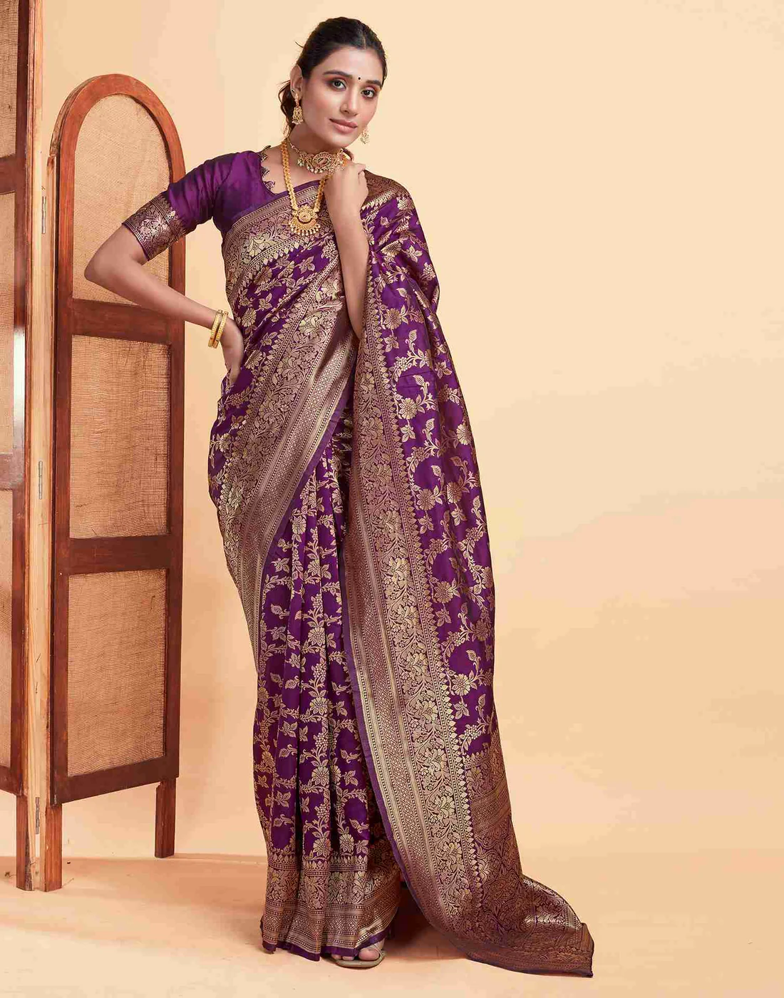 Wine Jacquard Saree for Women with Golden Zari Floral Weaving | Premium Wedding, Festive & Traditional Wear Saree with Unstitched Blouse Piece