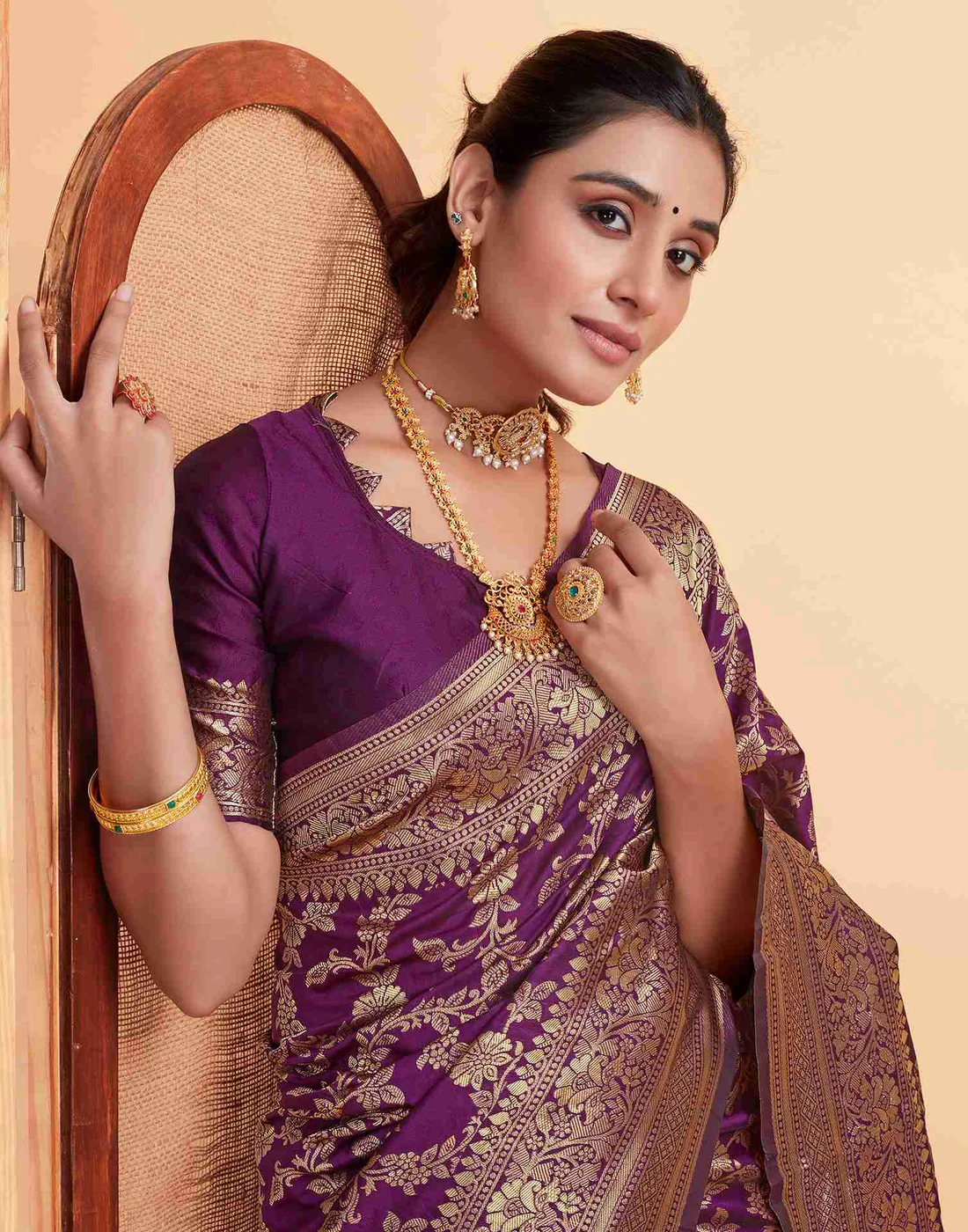 Wine Jacquard Saree for Women with Golden Zari Floral Weaving | Premium Wedding, Festive & Traditional Wear Saree with Unstitched Blouse Piece