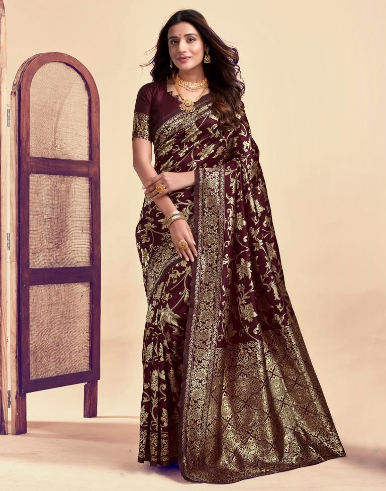 Maroon Jacquard Saree for Women with Golden Floral Zari Weaving | Premium Wedding, Festive & Traditional Wear Saree with Unstitched Blouse Piece