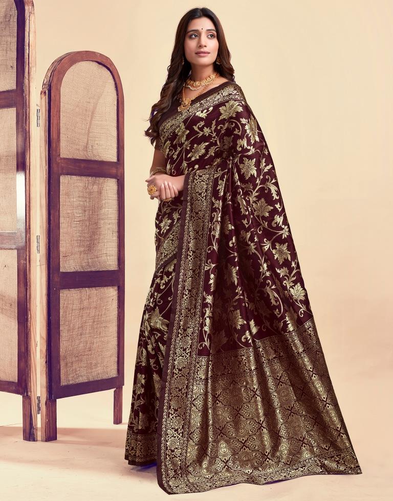 Maroon Jacquard Saree for Women with Golden Floral Zari Weaving | Premium Wedding, Festive & Traditional Wear Saree with Unstitched Blouse Piece
