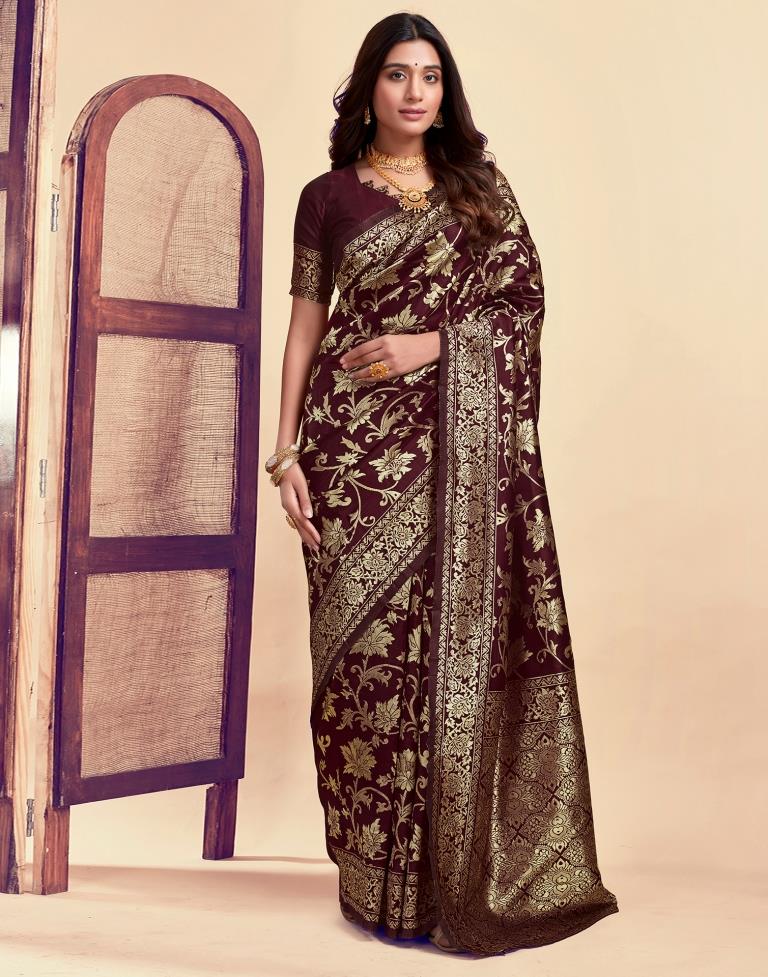 Maroon Jacquard Saree for Women with Golden Floral Zari Weaving | Premium Wedding, Festive & Traditional Wear Saree with Unstitched Blouse Piece