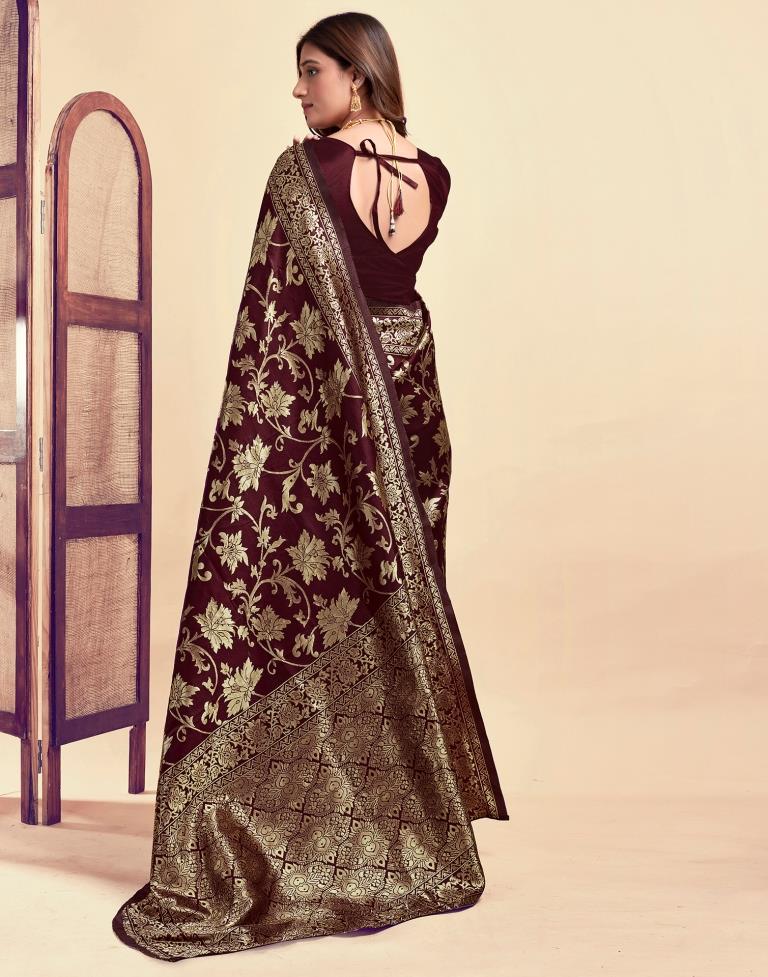 Maroon Jacquard Saree for Women with Golden Floral Zari Weaving | Premium Wedding, Festive & Traditional Wear Saree with Unstitched Blouse Piece