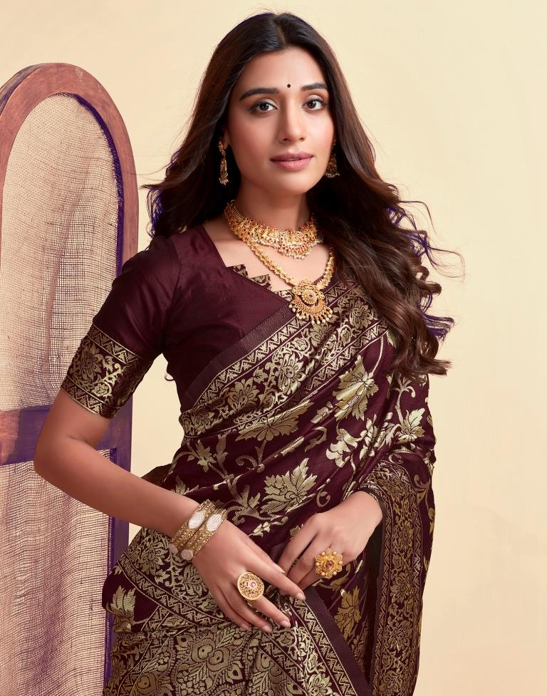 Maroon Jacquard Saree for Women with Golden Floral Zari Weaving | Premium Wedding, Festive & Traditional Wear Saree with Unstitched Blouse Piece