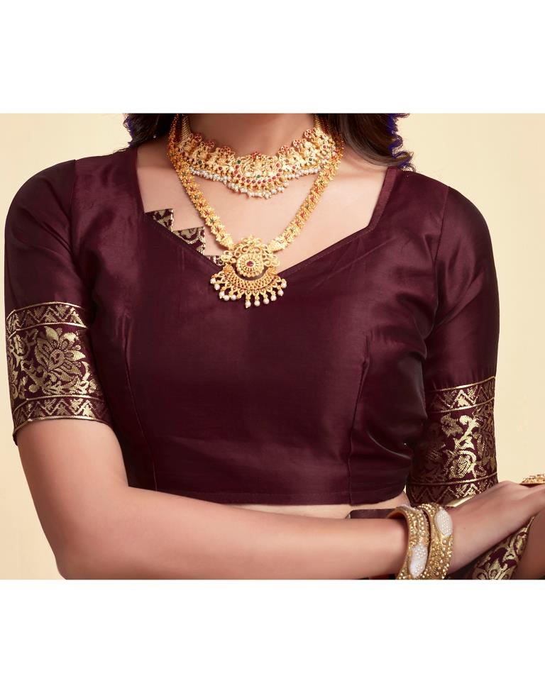 Maroon Jacquard Saree for Women with Golden Floral Zari Weaving | Premium Wedding, Festive & Traditional Wear Saree with Unstitched Blouse Piece