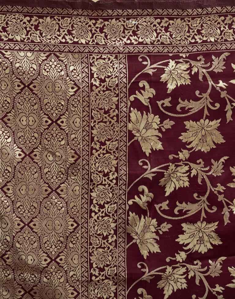 Maroon Jacquard Saree for Women with Golden Floral Zari Weaving | Premium Wedding, Festive & Traditional Wear Saree with Unstitched Blouse Piece