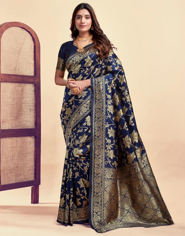 Navy Blue Jacquard Saree for Women with Golden Floral Zari Weaving | Premium Wedding, Festive & Party Wear Saree with Unstitched Blouse Piece